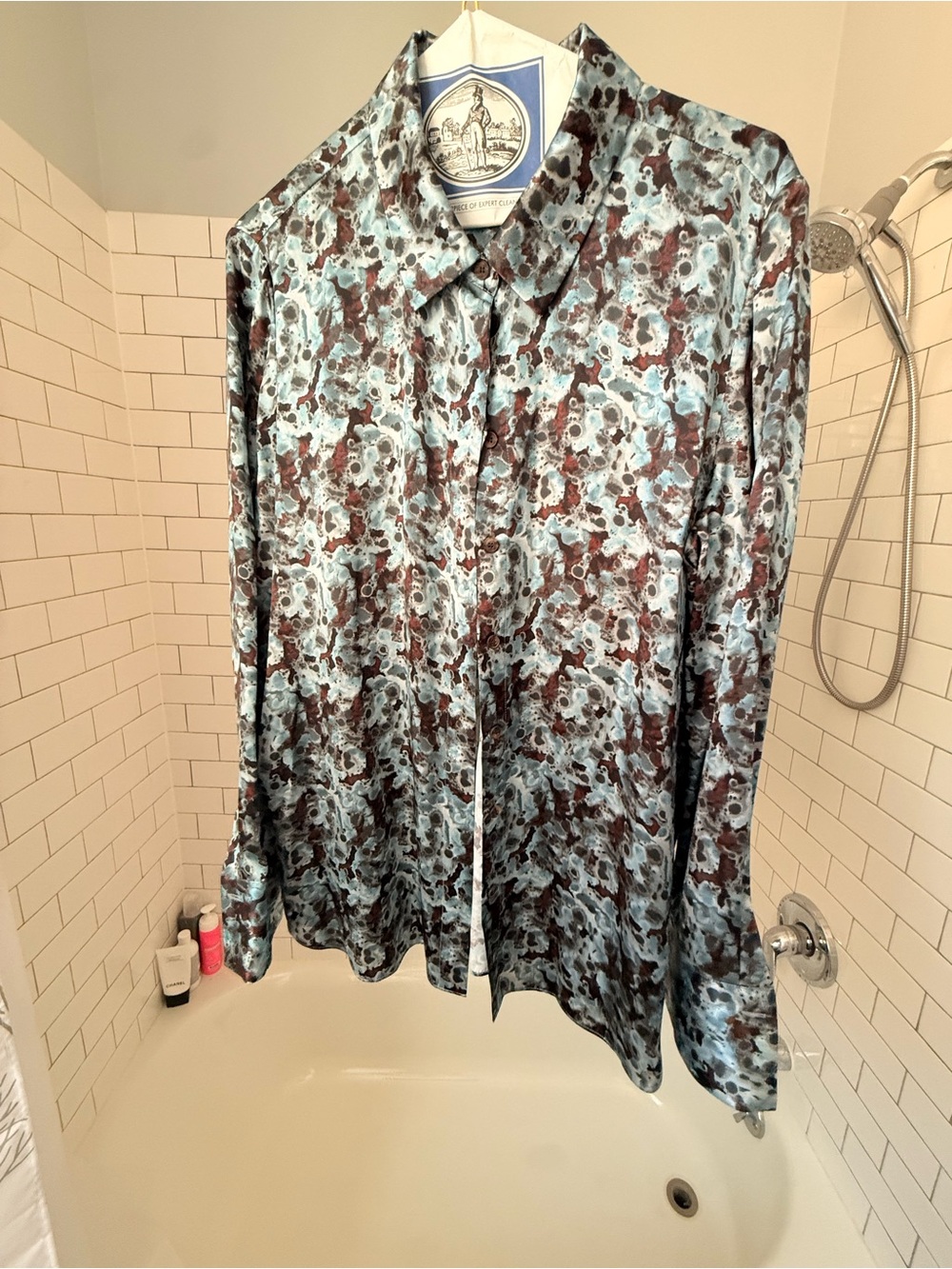 Lafayette 148 Abstract Marble Print Button-Up Shirt in Light Blue and Brown